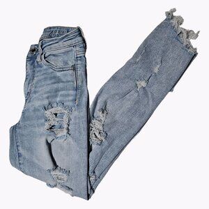 American Eagle Hi Rise Jegging Crop Jeans Womens Size 00 Light Wash Ripped Denim